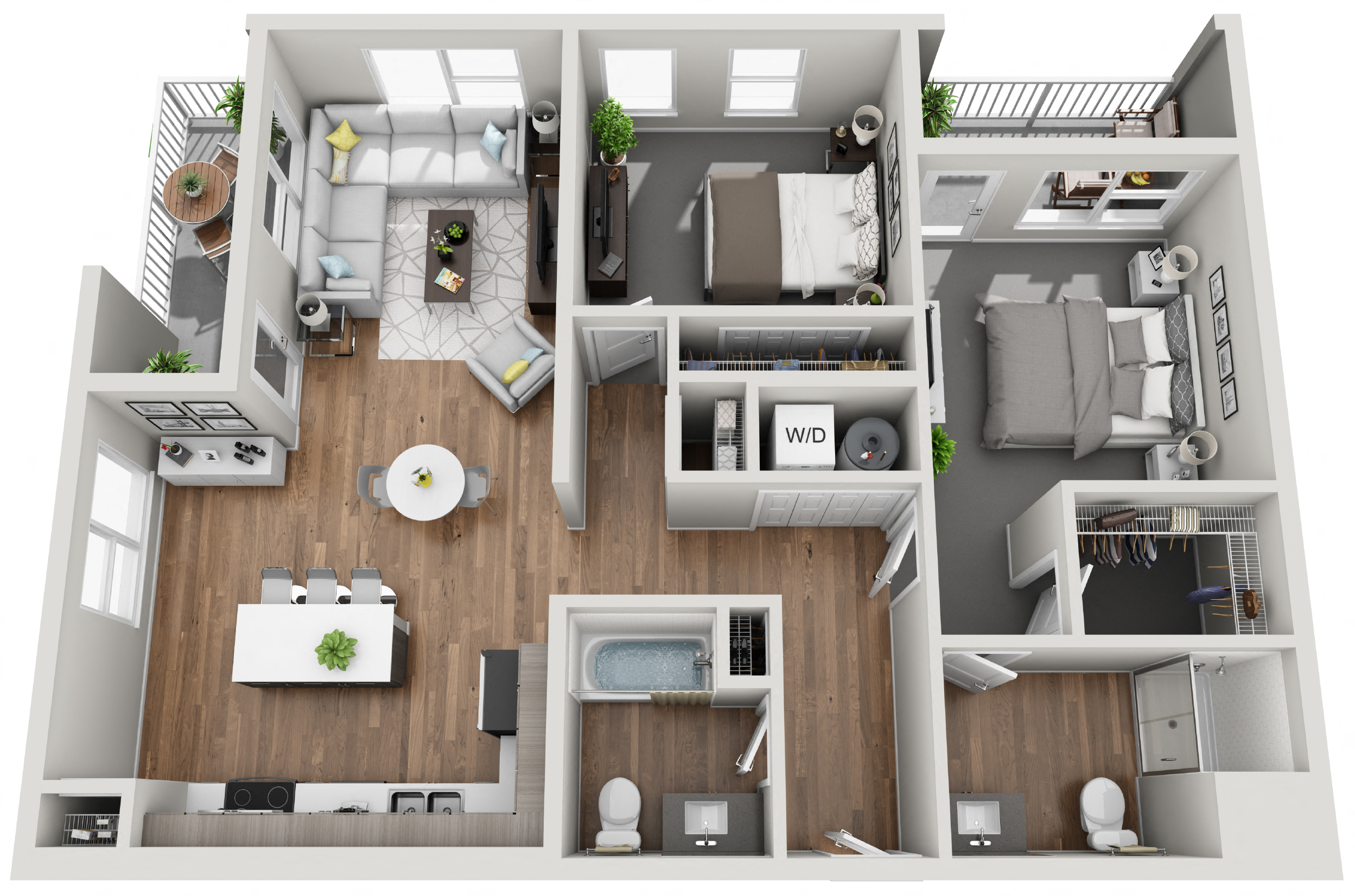 Floor plan for 2 beds, 2 baths, 1142 sqft